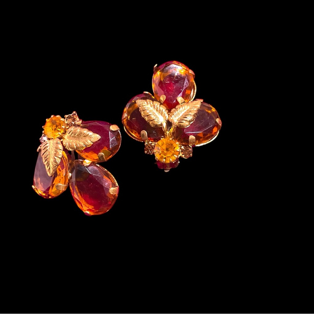 Signed Austria Vintage Radiant Gold and Red Leaf Earrings